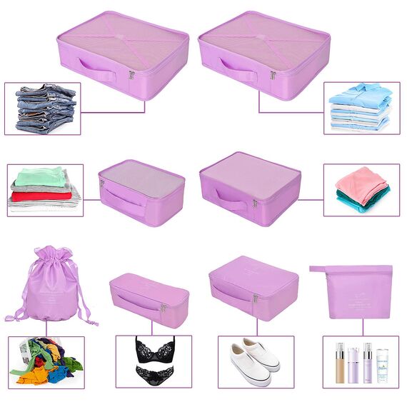 Koffer Organizer Reise Kleidertaschen 8 Sets/7 Farben Travel Gep?ck Organisatoren enthalten wasserdichte Schuh-Aufbewahrungsbeutel Bequeme Kompressions Beutel für Reisen ,Violett