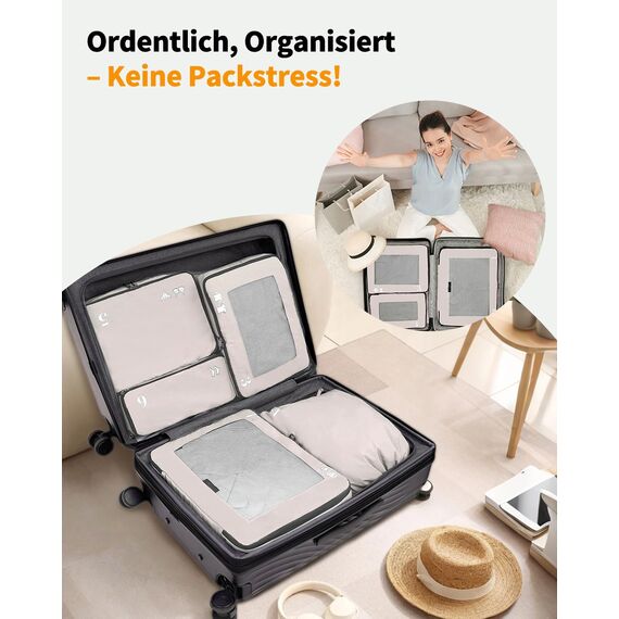 ECOHUB 7 Teilig Koffer Organizer Set, Packing Cubes mit Reißverschluss, Recyceltes PET Packwürfel Set, Packtaschen für Koffer, Organizer Koffer für Urlaub und Reisen, Reise Organizer Set (Beige)