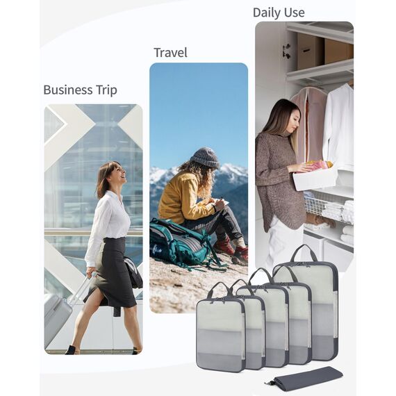 ECOHUB 6 Teilige Koffer Organizer Kompression Set, Netzgewebe Ultraleichte Packtaschen für Rucksack, Recycelt Packwürfel Kompression für Handgepäck, Packing Cubes Reise, Patent Angemeldet(Grau)