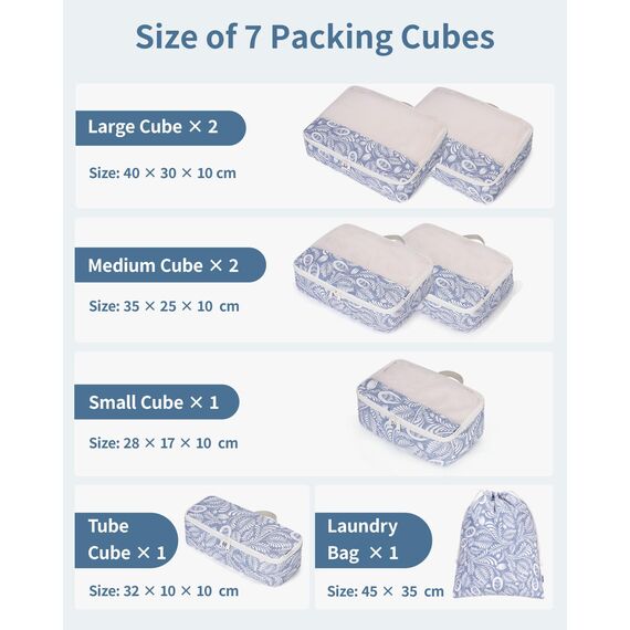 Narwey 7 Teilige Koffer Organizer Set, Packing Cubes Backpack Reise Packwürfel Rucksack Organizer Set Packtaschen für Koffer, Kofferorganizer Reiseorganizer Travel Essentials Bag (Blaues Blatt)