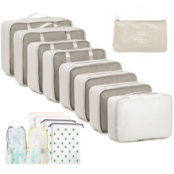 GIBOHOM Koffer Organizer Set, 15 Stück Packing Cubes, Wasserdichte Kleidertaschen für Urlaub und Reisen, Travel Organizer, Reiseorganizer mit Packtaschen Transparentem, Beige