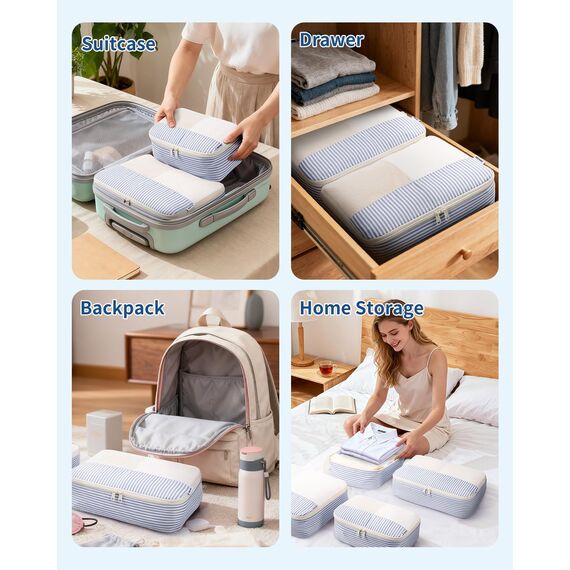 Narwey 7 Teilige Koffer Organizer Set, Packing Cubes Backpack Rucksack Organizer Set Kofferorganizer Reise Packwürfel Packtaschen für Koffer Reiseorganizer Travel Essentials (Graublaue Streifen)