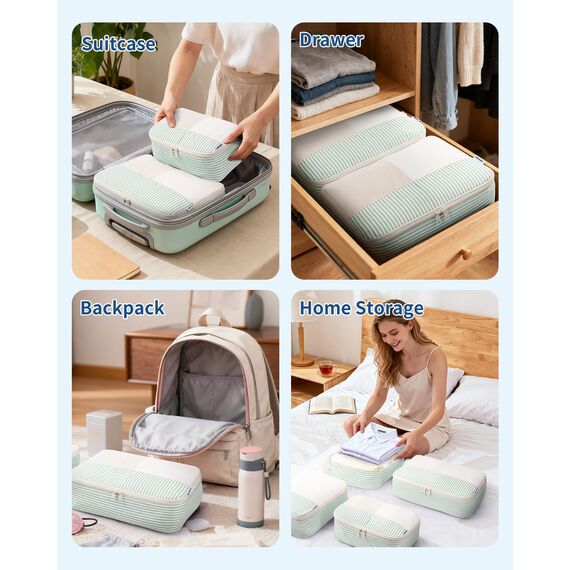 Narwey 7 Teilige Koffer Organizer Set, Packing Cubes Backpack Rucksack Organizer Set Kofferorganizer Reise Packwürfel Packtaschen für Koffer Reiseorganizer Travel Essentials (Hellgrüne Streifen)
