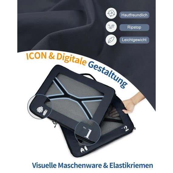 ECOHUB 7 Teilig Koffer Organizer Set, Packing Cubes mit Reißverschluss, Recyceltes PET Packwürfel Set, Packtaschen für Koffer, Organizer Koffer für Urlaub und Reisen, Reise Organizer Set (Dunkelblau)