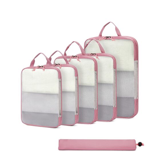 ECOHUB 6 Teilige Koffer Organizer Kompression Set, Netzgewebe Ultraleichte Packtaschen für Rucksack, Recycelt Packwürfel Kompression für Handgepäck, Packing Cubes Reise, Patent Angemeldet(Rosa)