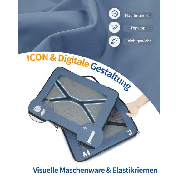 ECOHUB 7 Teilig Koffer Organizer Set, Packing Cubes mit Reißverschluss, Recyceltes PET Packwürfel Set, Packtaschen für Koffer, Organizer Koffer für Urlaub und Reisen, Reise Organizer Set (Blau)