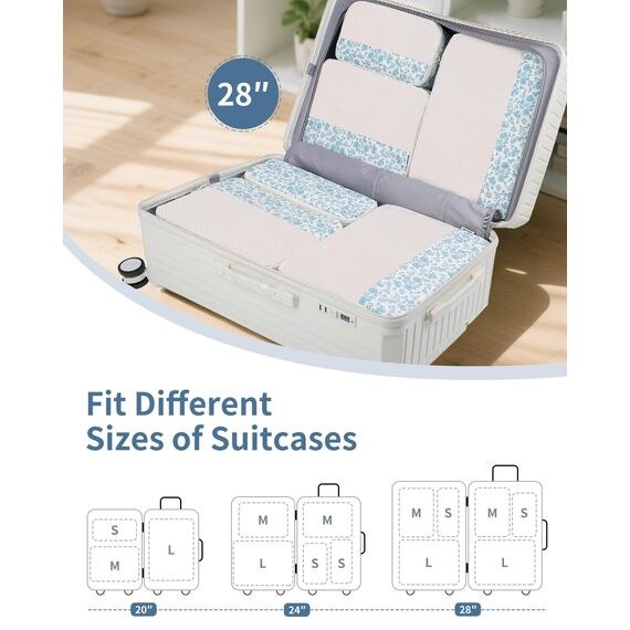 Narwey 7 Teilige Koffer Organizer Set, Packing Cubes Backpack Reise Packwürfel Rucksack Organizer Set Packtaschen für Koffer, Kofferorganizer Reiseorganizer Travel Essentials Bag (Kleine Blaue Blume)