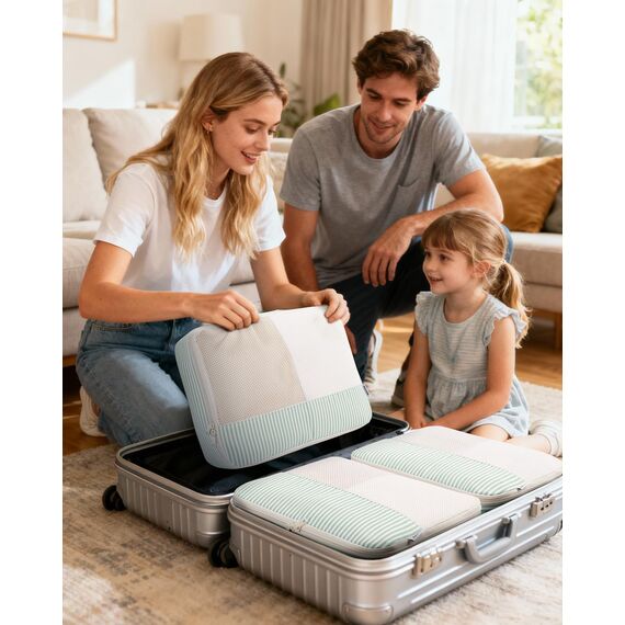 Narwey 7 Teilige Koffer Organizer Set, Packing Cubes Backpack Rucksack Organizer Set Kofferorganizer Reise Packwürfel Packtaschen für Koffer Reiseorganizer Travel Essentials (Hellgrüne Streifen)
