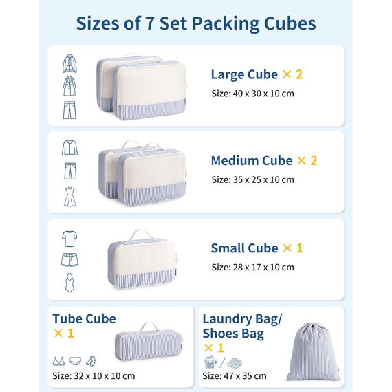 Narwey 7 Teilige Koffer Organizer Set, Packing Cubes Backpack Rucksack Organizer Set Kofferorganizer Reise Packwürfel Packtaschen für Koffer Reiseorganizer Travel Essentials (Graublaue Streifen)