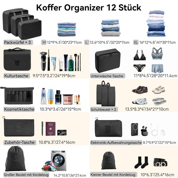 Chijoo 12 teiliges Koffer Organizer Set (Schwarz) – Packing Cubes Set, Packwürfel, Reise Gadget