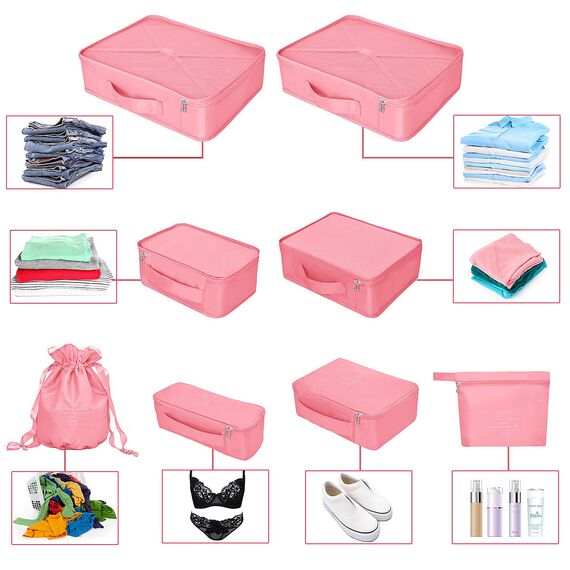 Koffer Organizer Reise Kleidertaschen 8 Sets/7 Farben Travel Gep?ck Organisatoren enthalten wasserdichte Schuh-Aufbewahrungsbeutel Bequeme Kompressions Beutel für Reisen ,Peach Pink