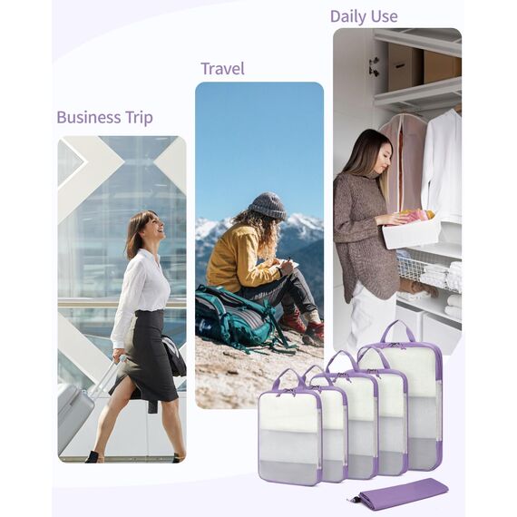 ECOHUB 6 Teilige Koffer Organizer Kompression Set, Netzgewebe Ultraleichte Packtaschen für Rucksack, Recycelt Packwürfel Kompression für Handgepäck, Packing Cubes Reise, Patent Angemeldet(Lila)