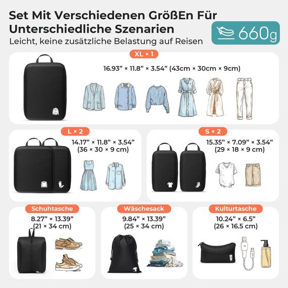 Packing Cubes Compression 8 Stück Koffer Organizer,Wasserdicht PackwüRfel Packtaschen Kompression, Travel essentials FüR HandgepäCk Koffer Und Rucksack Anthrazitschwarz