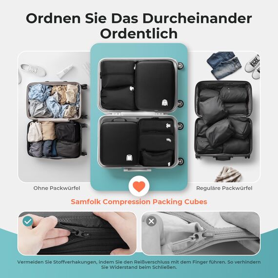 Packing Cubes Compression 8 Stück Koffer Organizer,Wasserdicht PackwüRfel Packtaschen Kompression, Travel essentials FüR HandgepäCk Koffer Und Rucksack Anthrazitschwarz
