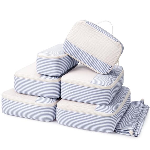 Narwey 7 Teilige Koffer Organizer Set, Packing Cubes Backpack Rucksack Organizer Set Kofferorganizer Reise Packwürfel Packtaschen für Koffer Reiseorganizer Travel Essentials (Graublaue Streifen)