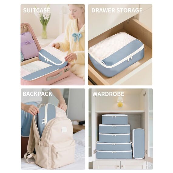 Narwey 7 Teilige Koffer Organizer Set, Packing Cubes Backpack Reise Packwürfel Rucksack Organizer Set Packtaschen für Koffer, Kofferorganizer Reiseorganizer Travel Essentials Bag (Graublau)