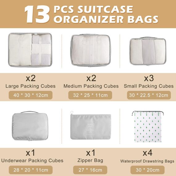 Gemtte Koffer Organizer Set 13-teilig, Wasserdicht Packing Cubes, Multifunktionale Travel Packwürfel, Kofferorganizer Packtaschen für Koffer, Reise Organizer Set Mit Kleidertaschen (Grau)