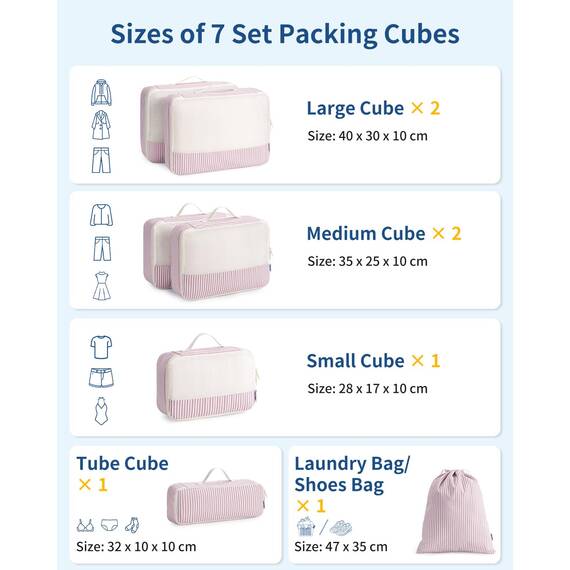 Narwey 7 Teilige Koffer Organizer Set, Packing Cubes Backpack Rucksack Organizer Set Kofferorganizer Reise Packwürfel Packtaschen für Koffer Reiseorganizer Travel Essentials (Rosa Streifen)