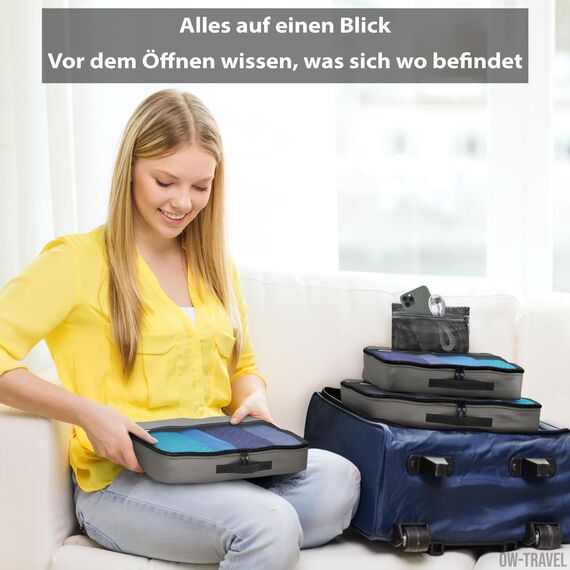 OW-Travel Koffer Organizer Set Grau Mittel, leicht zu organisieren, Kofferorganizer Packtaschen Set für Kleidung im Koffer, Packwürfel Rucksack, Reise Organizer, Packing Cubes Backpack
