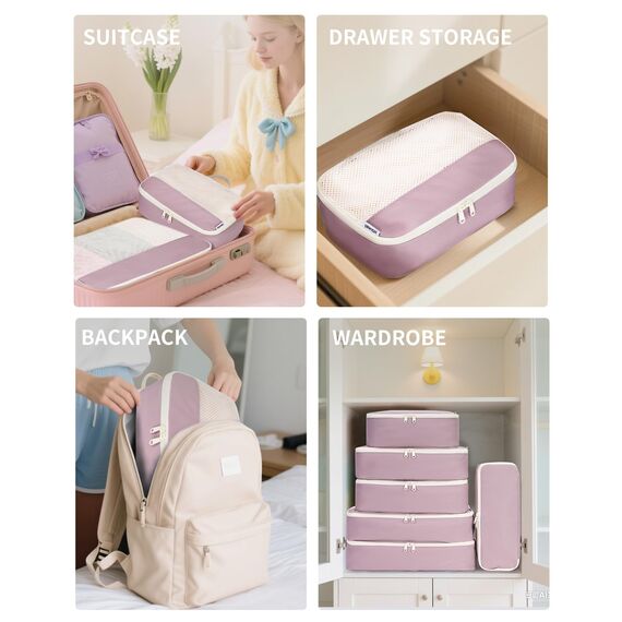 Narwey 7 Teilige Koffer Organizer Set, Packing Cubes Backpack Reise Packwürfel Rucksack Organizer Set Packtaschen für Koffer, Kofferorganizer Reiseorganizer Travel Essentials Bag (Altrosa)