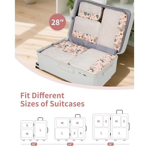 Narwey 7 Teilige Koffer Organizer Set, Packing Cubes Backpack Reise Packwürfel Rucksack Organizer Set Packtaschen für Koffer, Kofferorganizer Reiseorganizer Travel Essentials Bag (Beige Flamingo)