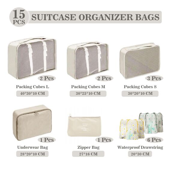 GIBOHOM Koffer Organizer Set, 15 Stück Packing Cubes, Wasserdichte Kleidertaschen für Urlaub und Reisen, Travel Organizer, Reiseorganizer mit Packtaschen Transparentem, Beige