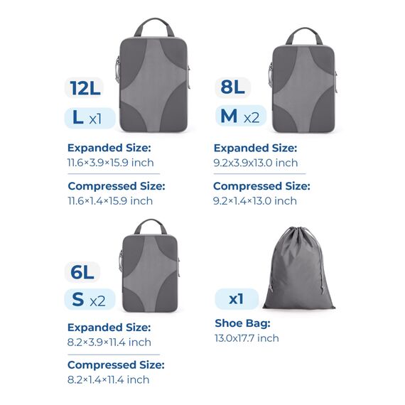 BAGSMART Packing Cubes Compression 6 Stück, Rucksack Koffer Organizer Packtaschen, Reise Kompressionsbeutel Wasserdicht Packwürfel Kompression, Travel Essentials Kofferorganizer