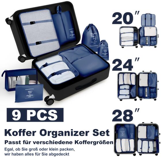 OBSGUMU Koffer Organizer Set, 9 Pcs Packing Cubes für Reise, Packtaschen für Koffer Reise Kleidertaschen, Verpackungswürfel Mit Kosmetiktasche, Travel Organizer(Marineblau)