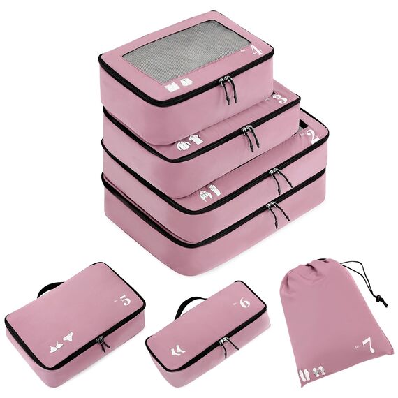 ECOHUB 7 Teilig Koffer Organizer Set, Packing Cubes mit Reißverschluss, Recyceltes PET Packwürfel Set, Packtaschen für Koffer, OrganizerKoffer für Urlaub und Reisen, Reise OrganizerSet(Rosa)