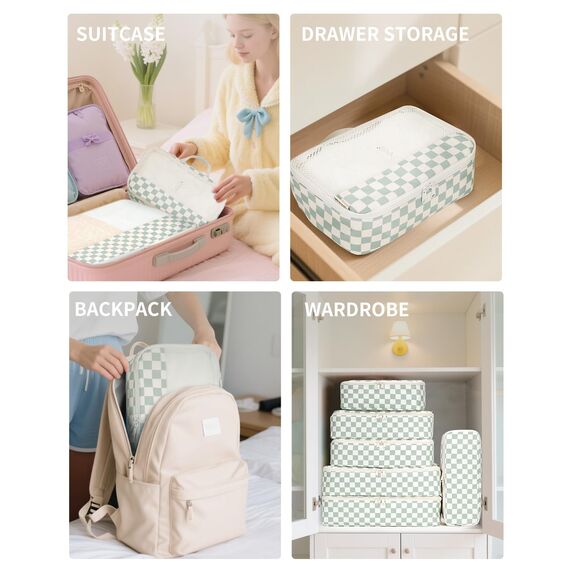 Narwey 7 Teilige Koffer Organizer Set, Packing Cubes Backpack Reise Packwürfel Rucksack Organizer Set Packtaschen für Koffer, Kofferorganizer Reiseorganizer Travel Essentials Bag (Checker Mintgrünes)
