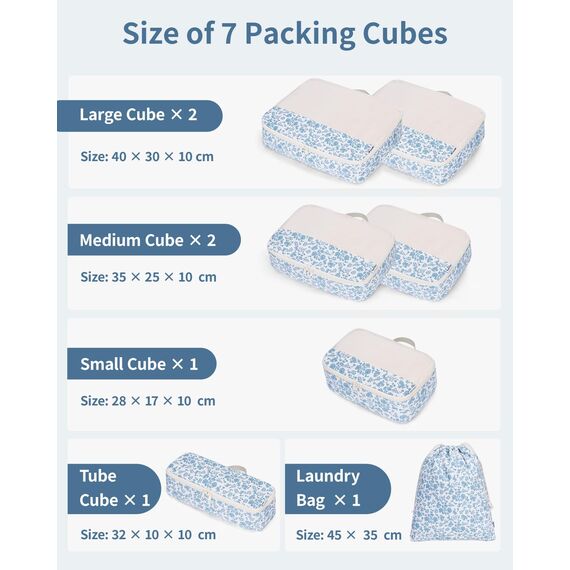 Narwey 7 Teilige Koffer Organizer Set, Packing Cubes Backpack Reise Packwürfel Rucksack Organizer Set Packtaschen für Koffer, Kofferorganizer Reiseorganizer Travel Essentials Bag (Kleine Blaue Blume)