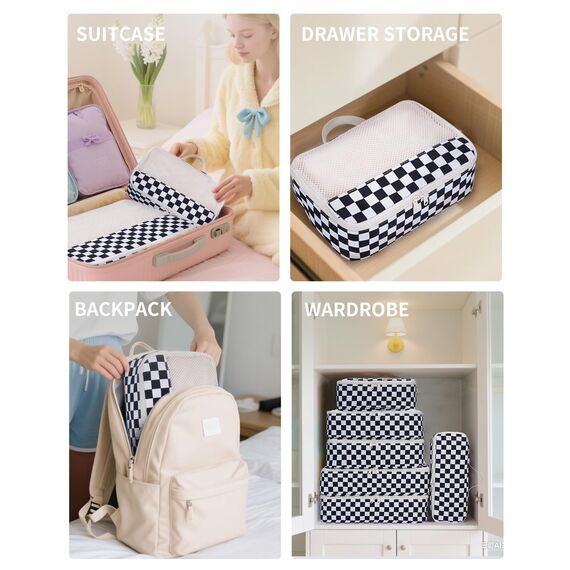 Narwey 7 Teilige Koffer Organizer Set, Packing Cubes Backpack Reise Packwürfel Rucksack Organizer Set Packtaschen für Koffer, Kofferorganizer Reiseorganizer Travel Essentials Bag (Checker Schwarz)