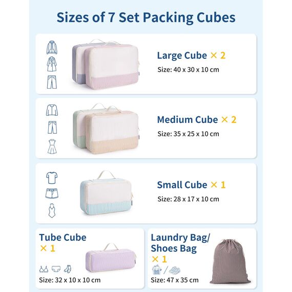 Narwey 7 Teilige Koffer Organizer Set, Packing Cubes Backpack Rucksack Organizer Set Kofferorganizer Reise Packwürfel Packtaschen für Koffer Reiseorganizer Travel Essentials (Kombiniert Streifen)