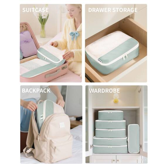 Narwey 7 Teilige Koffer Organizer Set, Packing Cubes Backpack Reise Packwürfel Rucksack Organizer Set Packtaschen für Koffer, Kofferorganizer Reiseorganizer Travel Essentials Bag (Mintgrün)