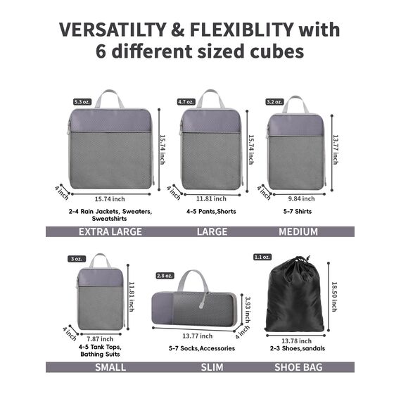 NMNGB Kompressions-Packwürfel für Handgepäck-Koffer, 6er-Set Reisegepäck-Packorganizer-Tasche mit Netz, erweiterbare Reisetasche, Multifunktions-Organizer, Grau