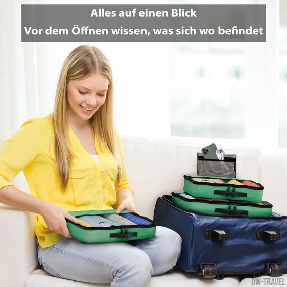OW-Travel Koffer Organizer Set Grün Groß, leicht zu organisieren, Kofferorganizer Packtaschen Set für Kleidung im Koffer, Packwürfel Rucksack, Reise Organizer, Packing Cubes Backpack