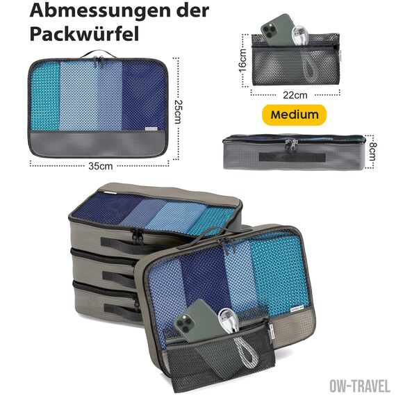 OW-Travel Koffer Organizer Set Grau Mittel, leicht zu organisieren, Kofferorganizer Packtaschen Set für Kleidung im Koffer, Packwürfel Rucksack, Reise Organizer, Packing Cubes Backpack