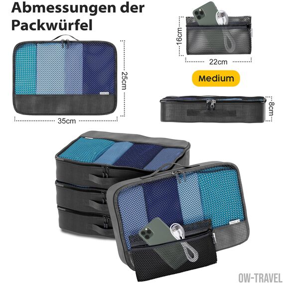 OW-Travel Koffer Organizer Set Schwarz Mittel, leicht zu organisieren, Kofferorganizer Packtaschen Set für Kleidung im Koffer, Packwürfel Rucksack, Reise Organizer, Packing Cubes Backpack