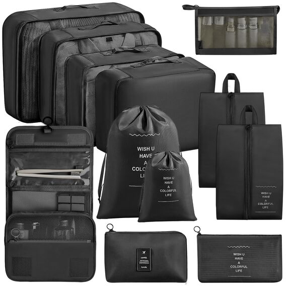 Chijoo 12 teiliges Koffer Organizer Set (Schwarz) – Packing Cubes Set, Packwürfel, Reise Gadget