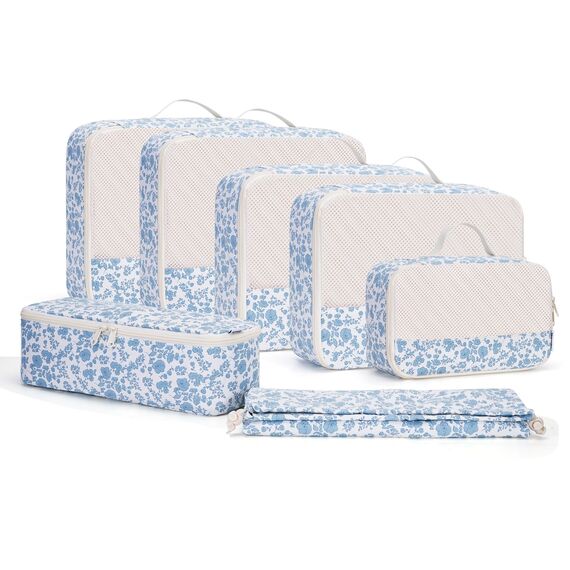 Narwey 7 Teilige Koffer Organizer Set, Packing Cubes Backpack Reise Packwürfel Rucksack Organizer Set Packtaschen für Koffer, Kofferorganizer Reiseorganizer Travel Essentials Bag (Kleine Blaue Blume)