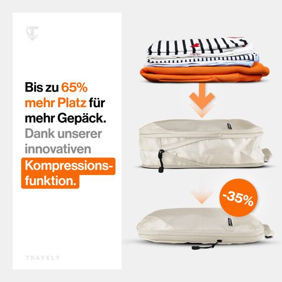 TRAVELY Packing Cubes Compression - 1x Größe M - Packwürfel Kompression als Koffer oder Rucksack Organizer - Packtaschen für Reise, Packbeutel, Kompressionsbeutel