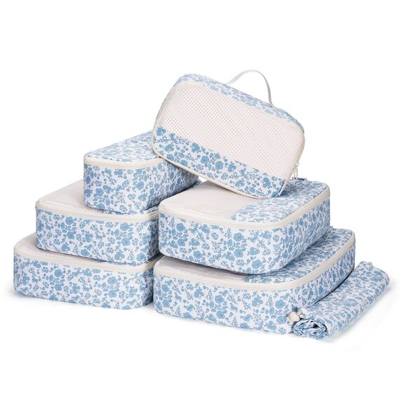 Narwey 7 Teilige Koffer Organizer Set, Packing Cubes Backpack Reise Packwürfel Rucksack Organizer Set Packtaschen für Koffer, Kofferorganizer Reiseorganizer Travel Essentials Bag (Kleine Blaue Blume)