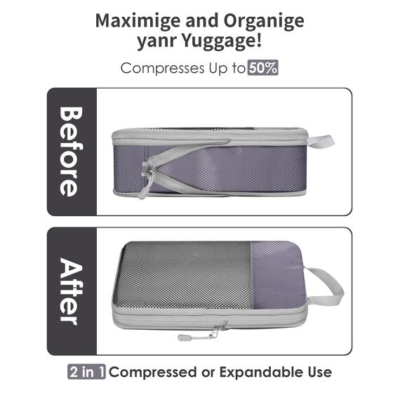 NMNGB Kompressions-Packwürfel für Handgepäck-Koffer, 6er-Set Reisegepäck-Packorganizer-Tasche mit Netz, erweiterbare Reisetasche, Multifunktions-Organizer, Grau