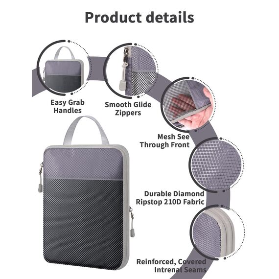 NMNGB Kompressions-Packwürfel für Handgepäck-Koffer, 6er-Set Reisegepäck-Packorganizer-Tasche mit Netz, erweiterbare Reisetasche, Multifunktions-Organizer, Grau