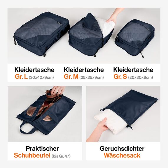 TRAVELY Packing Cubes Compression - 5-teiliges Set inkl. Schuhtasche & Wäschebeutel - Packwürfel Kompression als Koffer oder Rucksack Organizer - Packtaschen für Reise, Packbeutel, Kompressionsbeutel