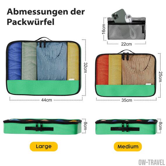 OW-Travel Koffer Organizer Set Grün Mittel/Groß, leicht zu organisieren, Kofferorganizer Packtaschen Set für Kleidung im Koffer, Packwürfel Rucksack, Reise Organizer, Packing Cubes Backpack