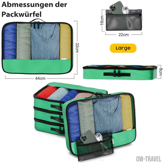 OW-Travel Koffer Organizer Set Grün Groß, leicht zu organisieren, Kofferorganizer Packtaschen Set für Kleidung im Koffer, Packwürfel Rucksack, Reise Organizer, Packing Cubes Backpack