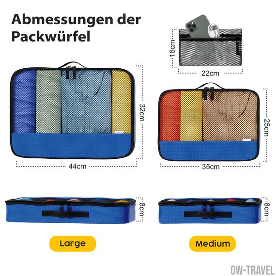 OW-Travel Koffer Organizer Set Blau Mittel/Groß, leicht zu organisieren, Kofferorganizer Packtaschen Set für Kleidung im Koffer, Packwürfel Rucksack, Reise Organizer, Packing Cubes Backpack
