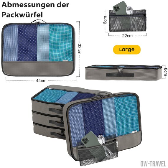 OW-Travel Koffer Organizer Set Grau Groß, leicht zu organisieren, Kofferorganizer Packtaschen Set für Kleidung im Koffer, Packwürfel Rucksack, Reise Organizer, Packing Cubes Backpack