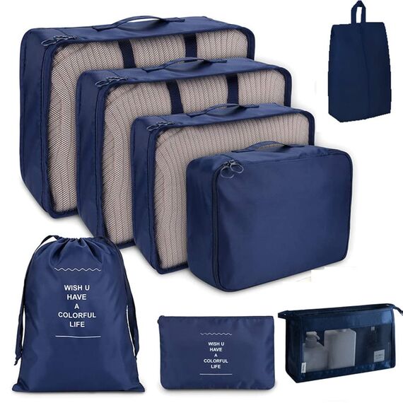 Reise-Verpackungswürfel, 8-teiliges Set Reisewürfel, faltbare Gepäckaufbewahrungstasche, leichte Gepäckaufbewahrungstasche (Marineblau)